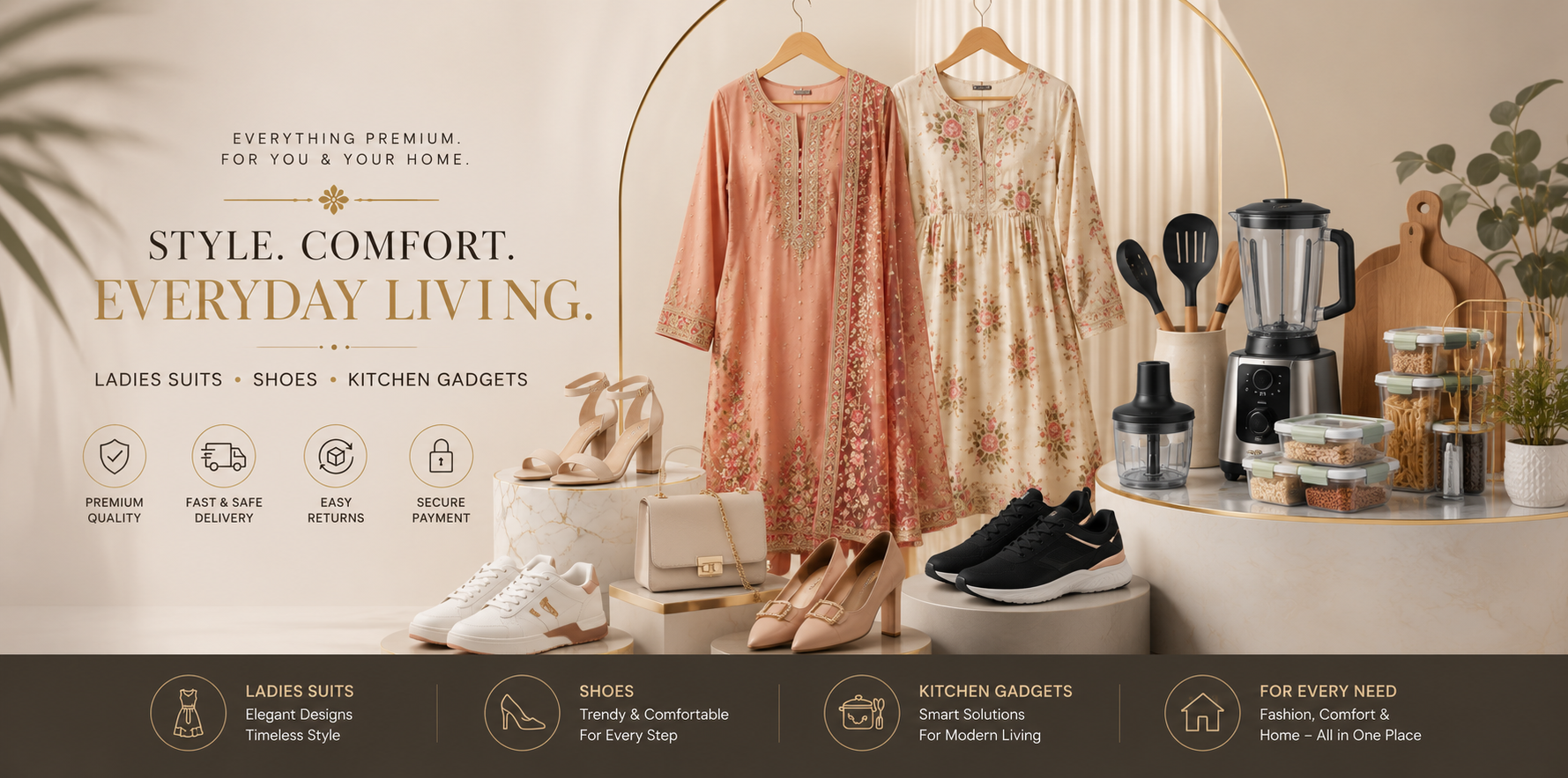 A styled interior scene showing two women's tunic dresses hanging on hangers, with shoes, handbags, and kitchen gadgets arranged around them in a warm, modern room. Text at the top reads 'Style.